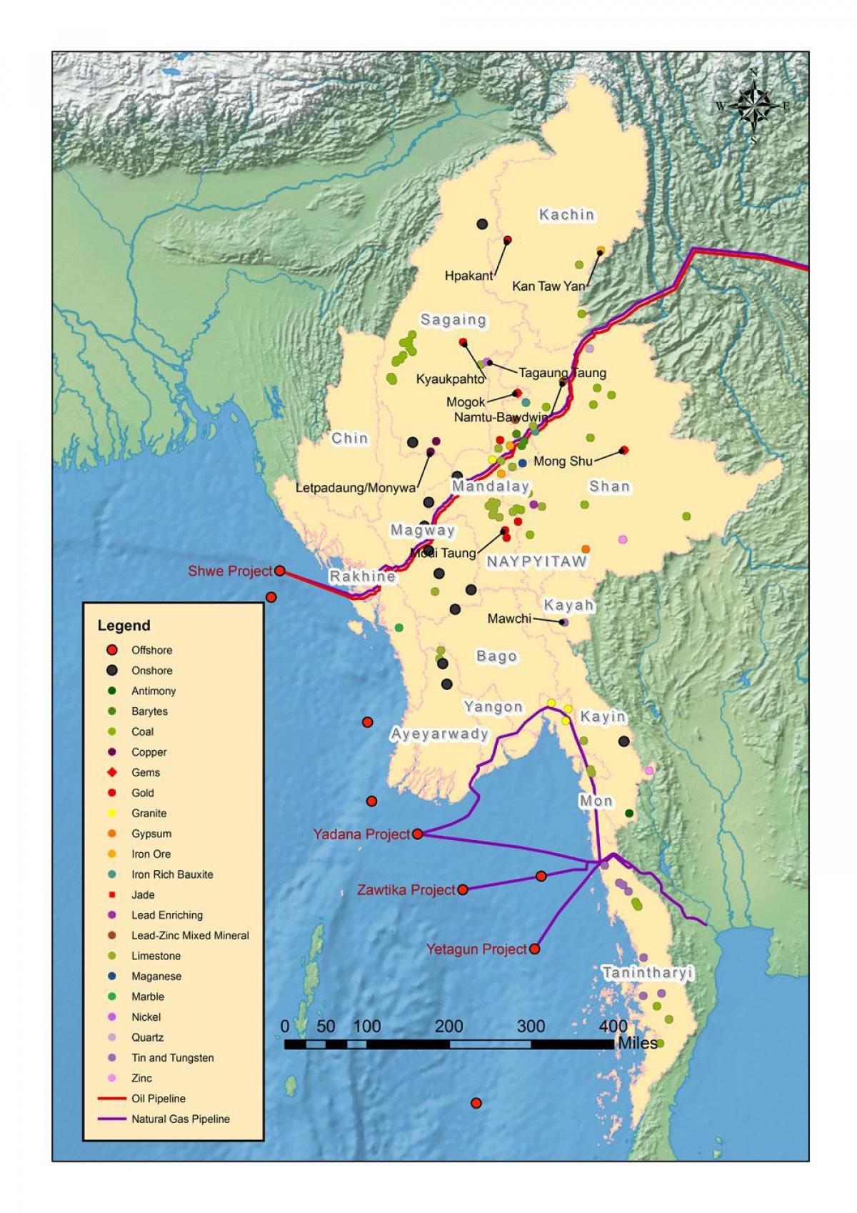 Mapa de Birmania recursos naturais